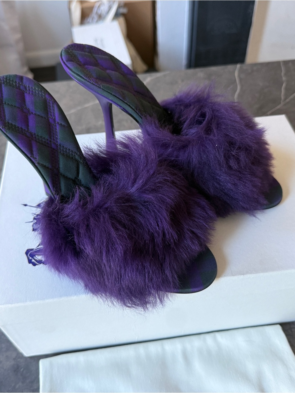 Plush Purple Faux-Fur Stiletto Slide Heels